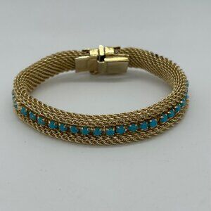 Vintage Gold-Tone Mesh Bracelet Faux Turquoise Stones Secure Clasp 1970s